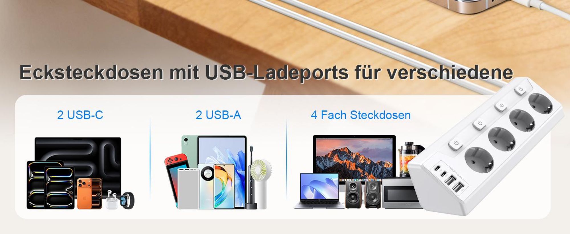Steckdosenleiste, Steckdosenblock, Ecksteckdose, Mehrfachsteckdose, 4-fach Rund Mehrfachstecker, 4 USB (2 USB C), 2M Verlängerungskabel