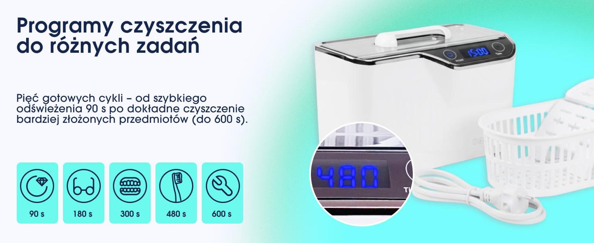 ZENT Myjka Ultradźwiękowa 600ml do Okularów, Nakładek ortodontycznych, Protez, Biżuterii, Energooszczędna, Biała
