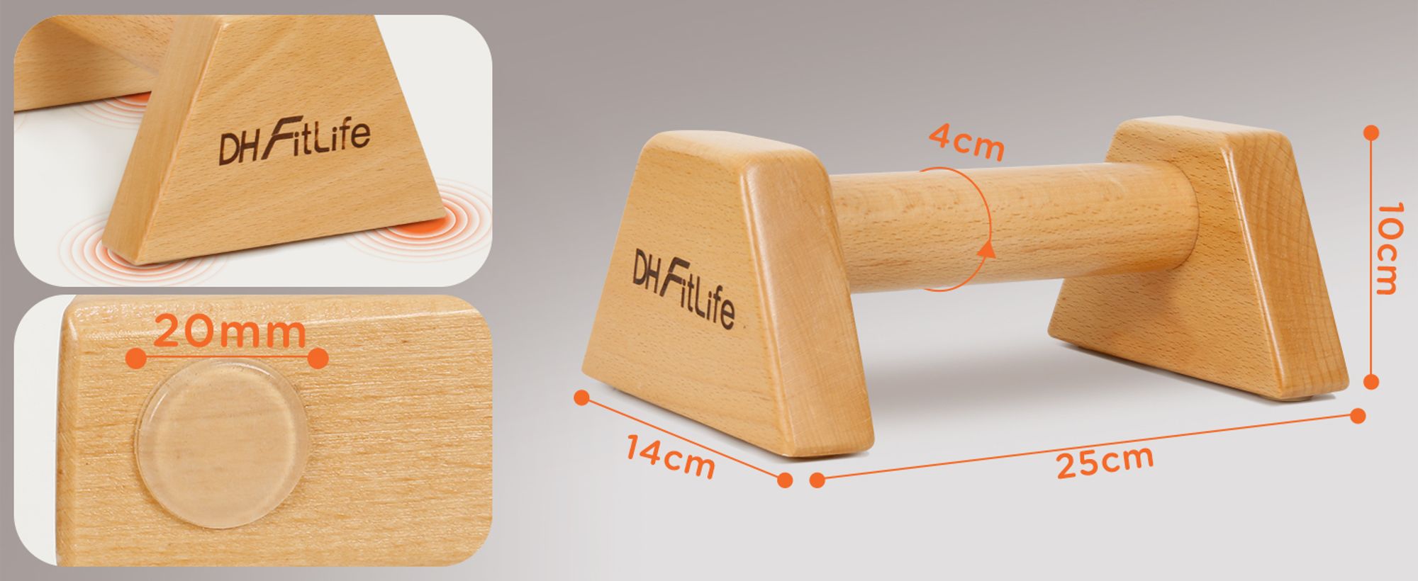 DH FitLife Liegestützgriffe aus Holz (2x) | Push-Up Bars - Gelenksschonend & rutschfeste Parallettes für Calisthenics/Krafttraining Indoor/Outdoor