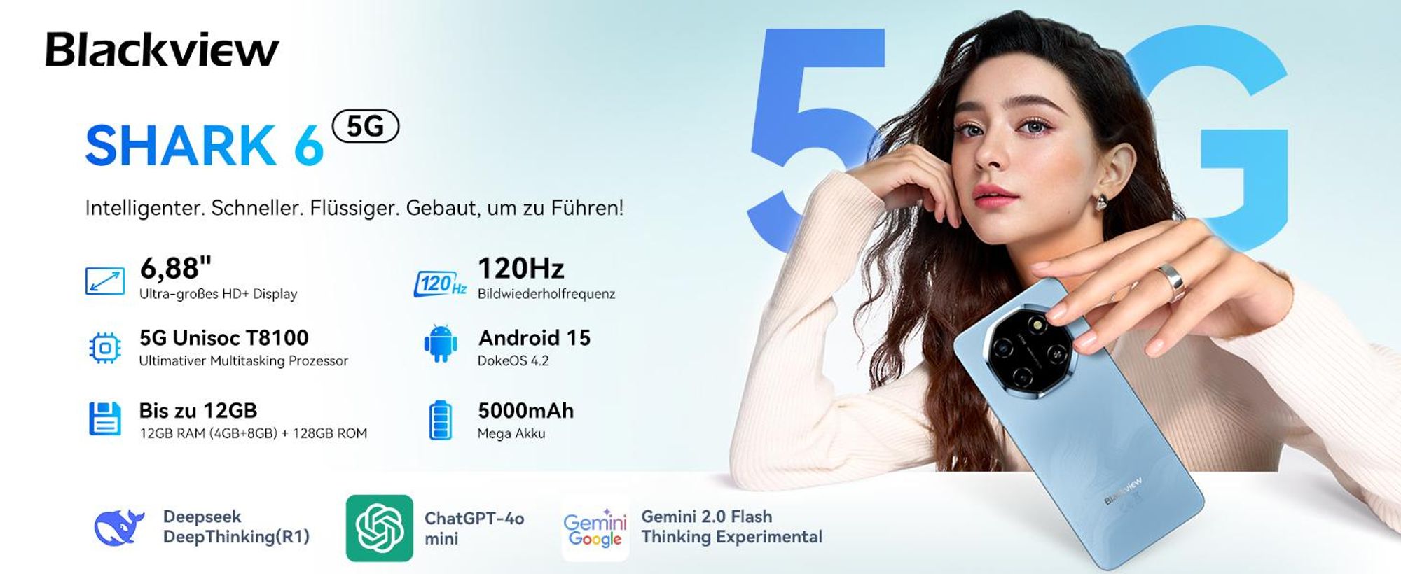 Blackview Shark 6 Handy 5G, 6,88“, 12GB+128GB/2TBTF, Octa Core, AI Fotoalbum, Android 15, ohne vertrag, 5000mAh, Dual SIM, NFC, 120Hz, 18W