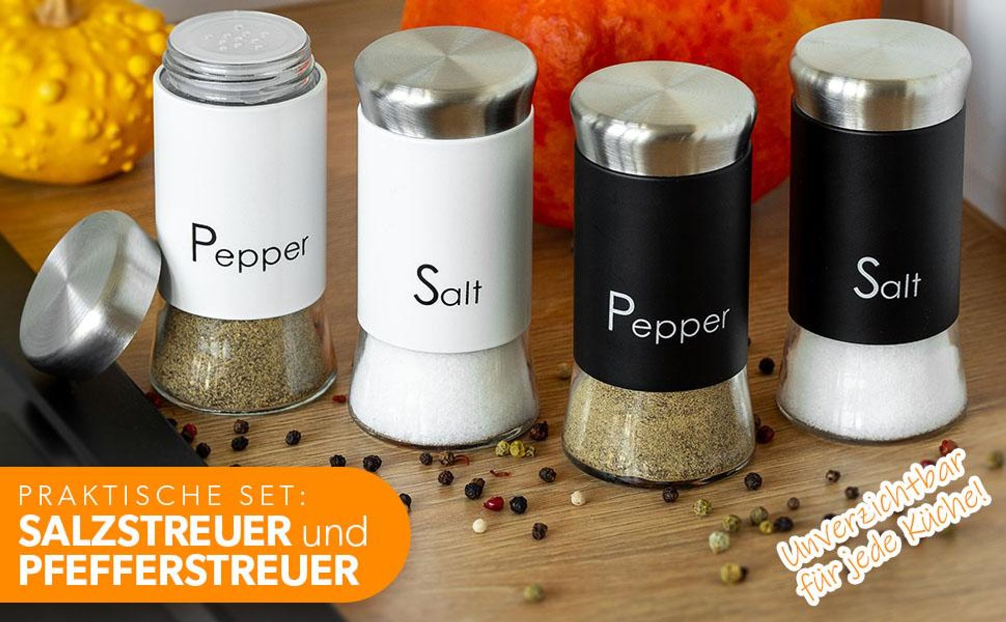 KADAX Salz-und Pfefferstreuer "Force", aus Glas und Edelstahl, Gewürzstreuer Set, Gewürzgläser, Weiß, 150 ml