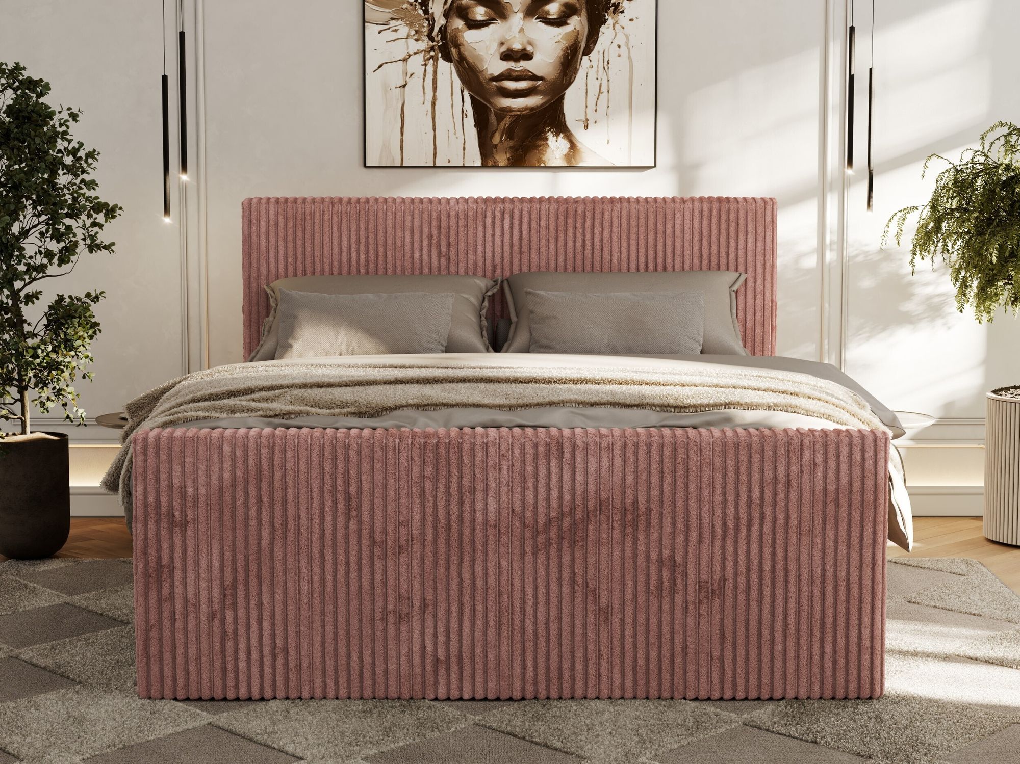Foto von Boxspringbett. Bett aus rosa Cordstoff.