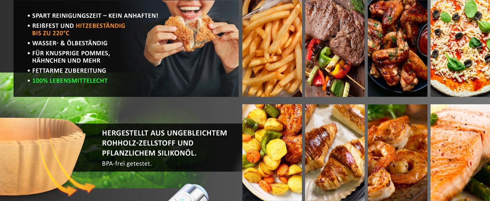 Arendo Backpapier für Heißluftfritteuse, rechteckig, 4,5 - 10 L, 22 x 14 x 4,5 cm, antihaft, ungebleicht, für Ninja Airfryer AF300EU & AF400EU, 100 Stück