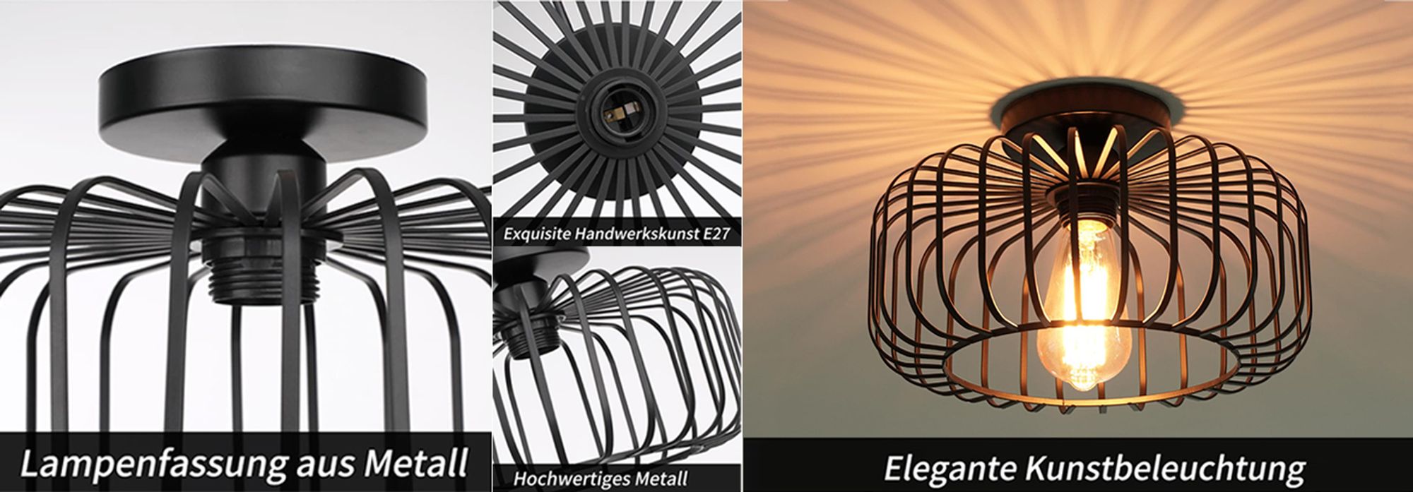 Deckenleuchte Modern Schwarz Metall Deckenlampe E27 Fassung Runde Lampenschirm mit LED Glühbirne für Wohnzimmer Schlafzimmer Esszimmer Flur