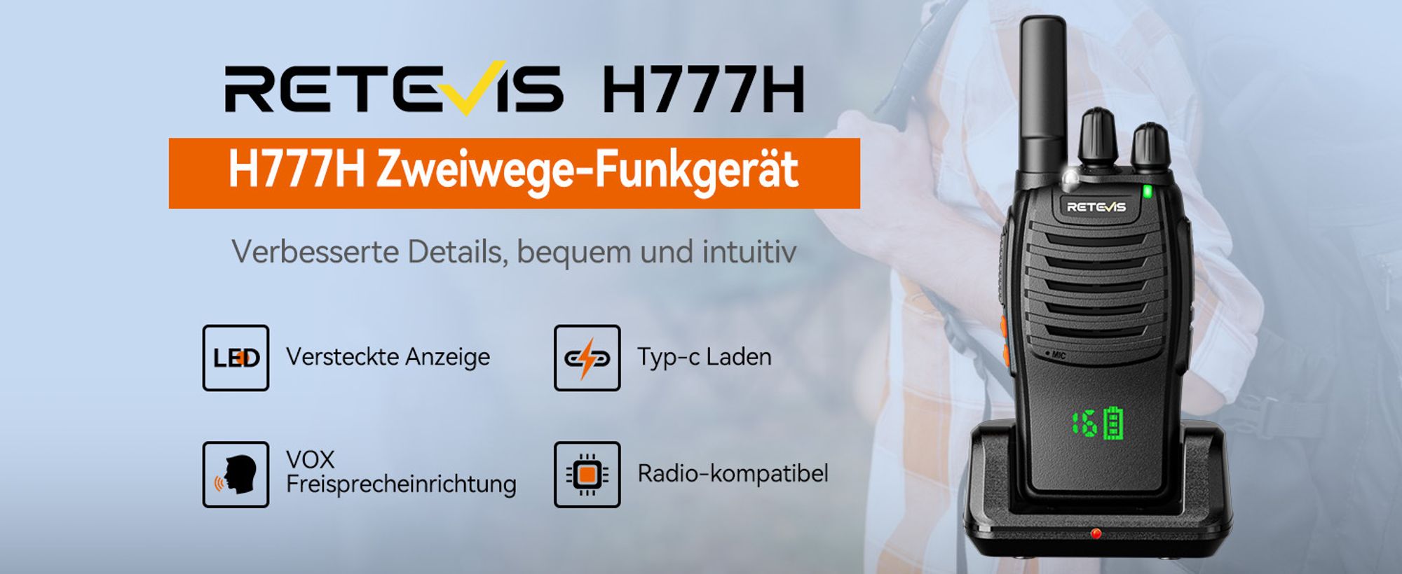 Retevis H777H Funkgeräte, Verstecktes Display mit LED, EIN-klick-Pairing, USB-C, VOX, Walkie Talkie Set für Schule, Hersteller (10 Stück, Schwarz)