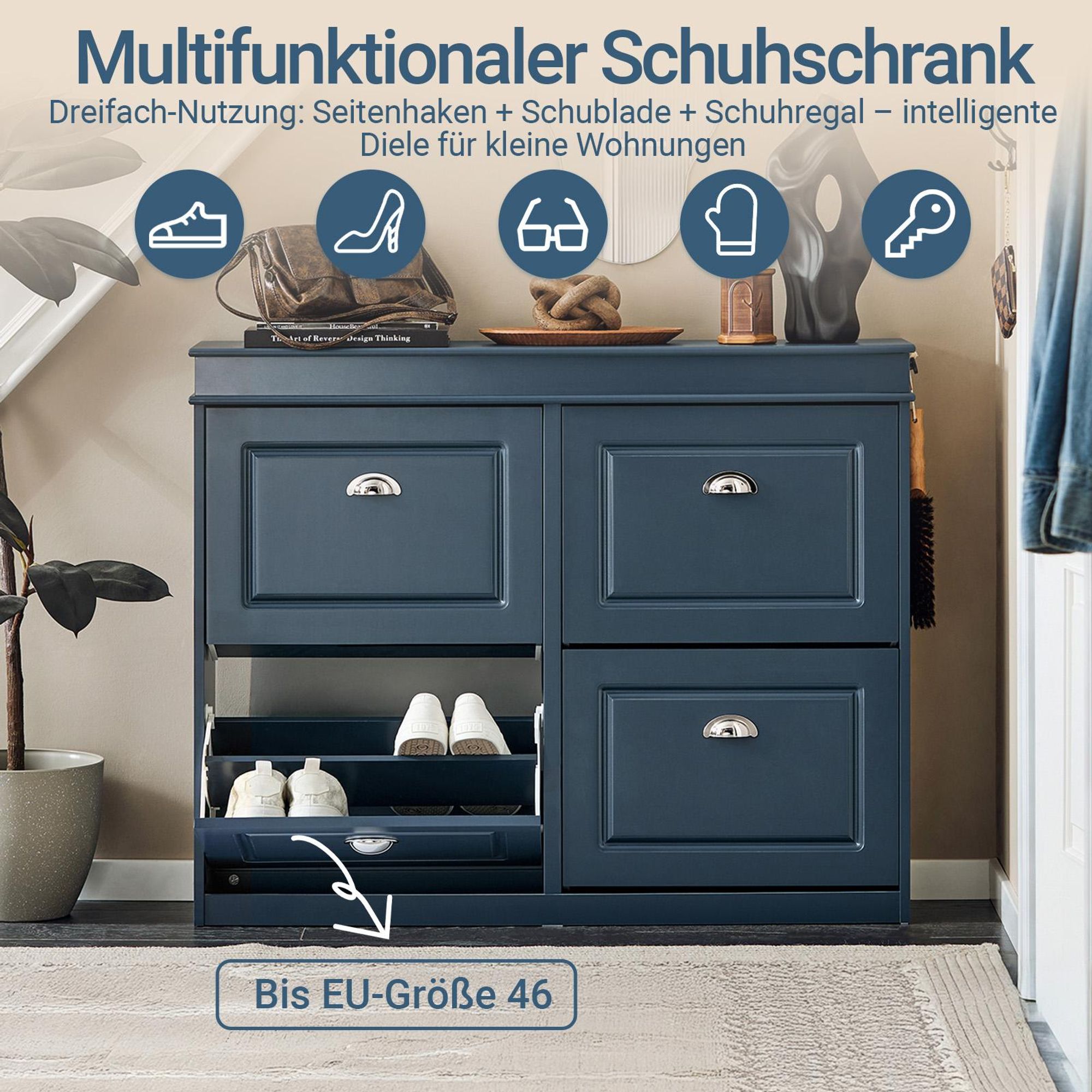 SoBuy schmaler Schuhschrank 24 cm tief mit 4 Klappen, Schublade & Haken, Schuhkipper für Flur mit Stauraum für bis zu 16 Paar Schuhe, Blau FSR79-B