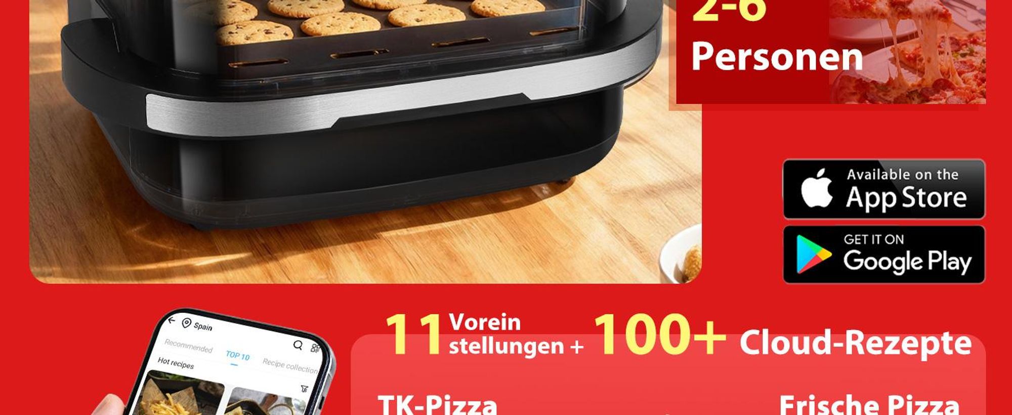 Aigostar Heißluftfritteuse XL 745 cm² Garfläche, Pizzafunktion, Doppelheizung, Sichtfenster, 11 Programmen 2200 W leiser, Extra-Crisp Technologie