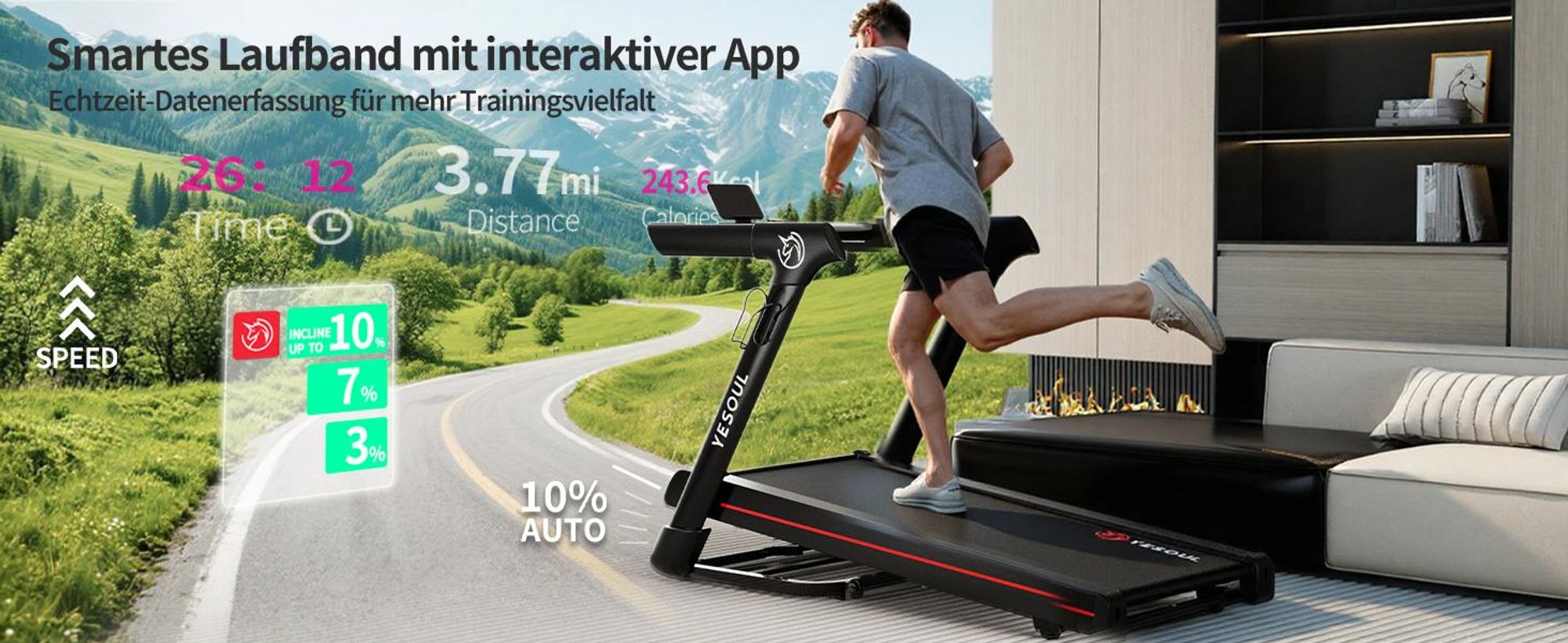 Yesoul T3 Pro Laufband – 3.0 PS Motor, 10 % Steigung, 6-Punkt-Dämpfung, 136 kg Traglast, klappbar, App-Steuerung