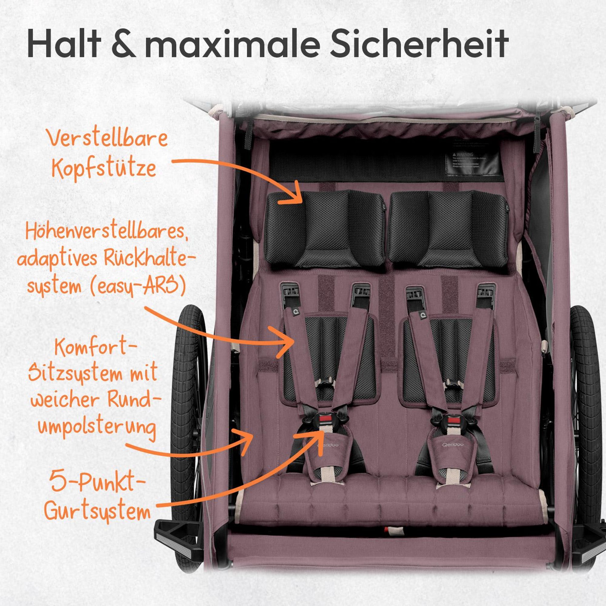 Qeridoo Kidgoo 2- Kinderfahrradanhänger für 2 Kinder, Farbe: Wildberry Violet