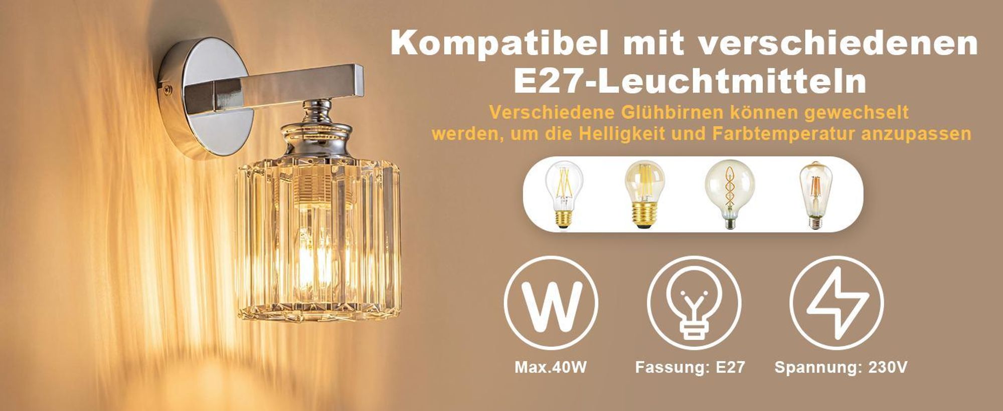 ZMH Wandleuchte Kristall Wandlampe Innen Wandbeleuchtung Wandstrahler Flurlampe Wand E27 für Schlafzimmer Wohnzimmer Flur(ohne Leuchtmittel)