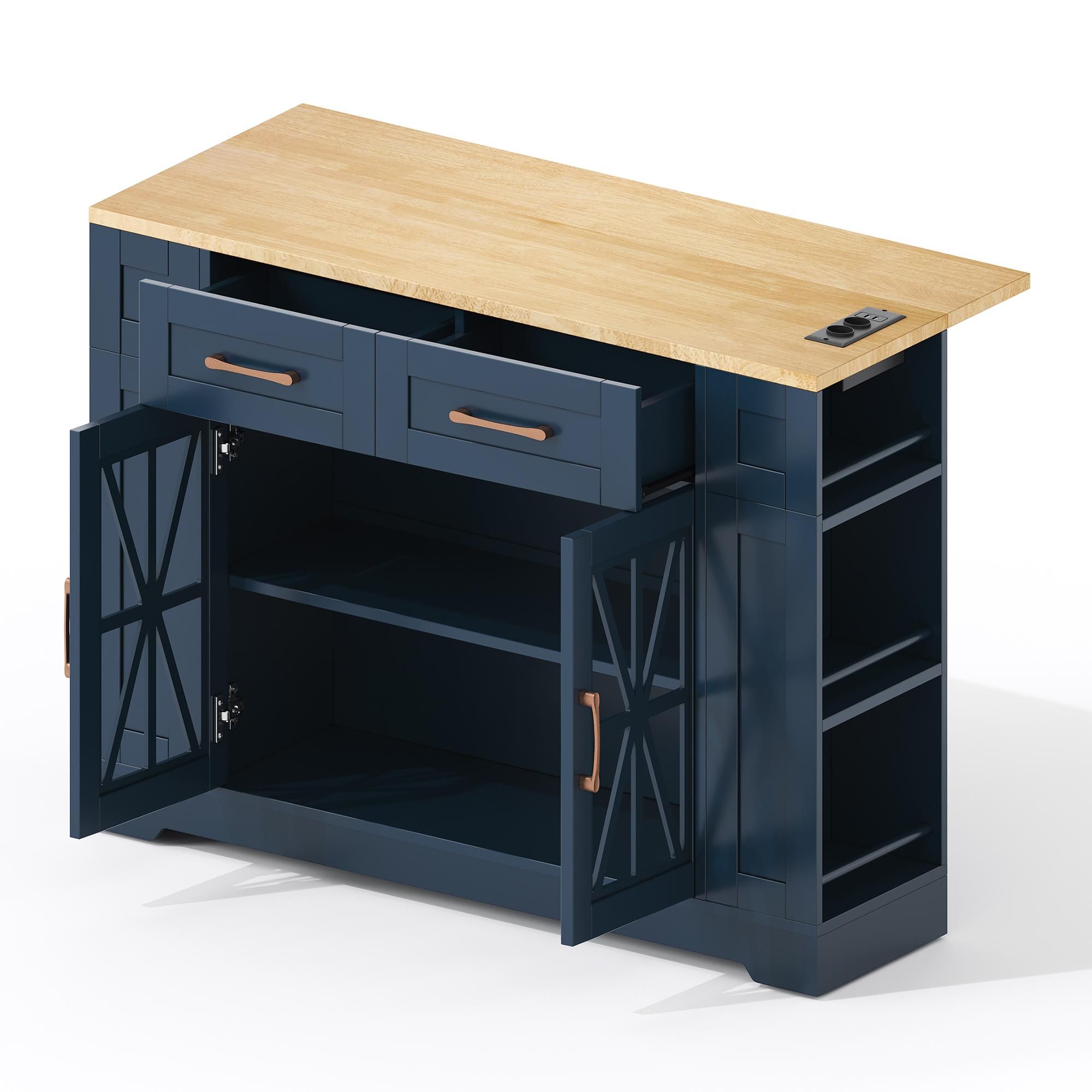 Flieks Servierwagen mit klappbarer Arbeitsplatte, Küchenwagen mit AC-Anschluss und USB-Anschluss, Küchenschrank mit Glastüren, Blau