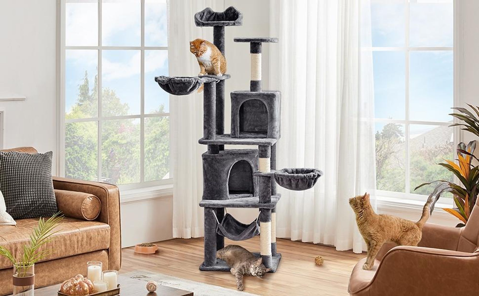 Yaheetech Kratzbaum 175 cm hoch, mit Sisal-Säulen, Plattformen, Korb, Hängematte, Plüschball, für 3-4 Katzen, Dunkelgrau