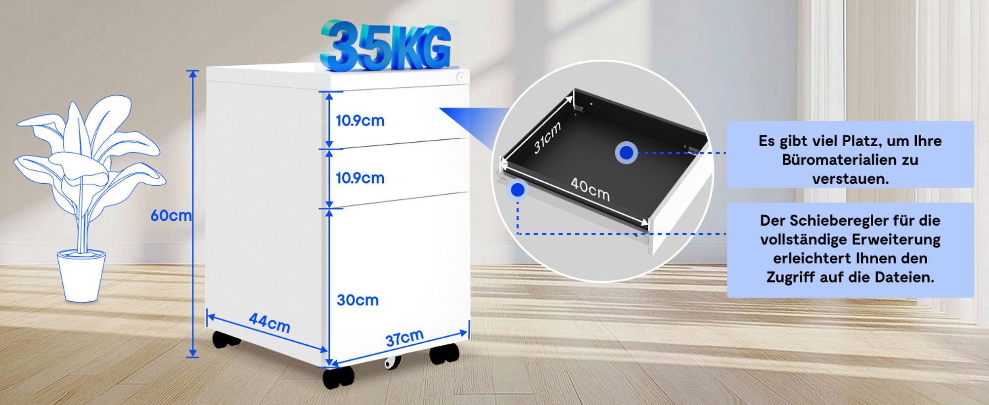 FLEXISPOT Aktenschrank CB23 Rollcontainer – Mobiler Büroschrank mit 3 Schubladen, Schloss, Leise-Schienen & Anti-Kipp-Rädern für Büro & Zuhause Rosa