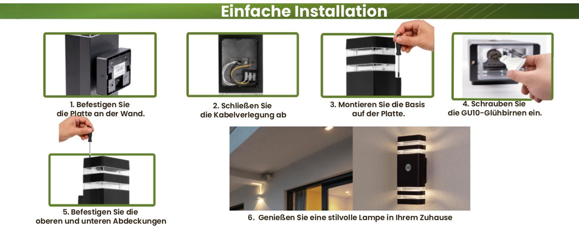 LUMILED Außenwandleuchte mit Bewegungsmelder Wandlampe Außenleuchte Wand GU10 Fassung (max. 12W LED) IP54 Wandleuchter oben und unten Terrasse Fassade rechteckig Kunststoff