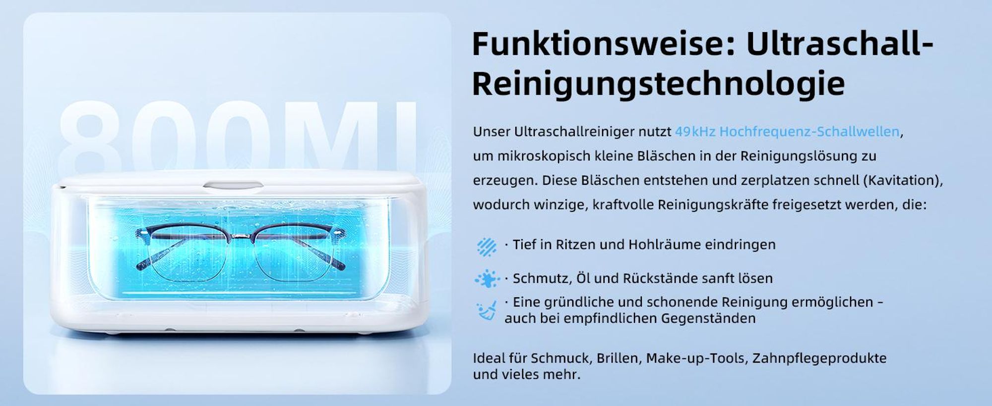 Ultraschallreinigungsgerät, Ultraschallreiniger, 49000Hz Hochfrequenz Ultraschallgerät, 800ml Brillenreinigungsgerät, Ultrasonic Cleaner