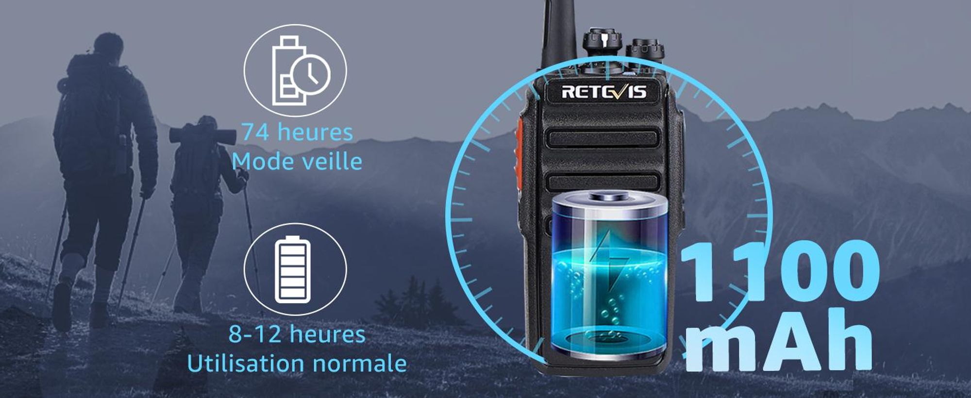 Retevis RT24 talkie walkie,Rechargeable,avec Oreillette et USB Base de Chargement, talkie walkie longue portée pour Randonnées, Camping (Noir, 1 Paire