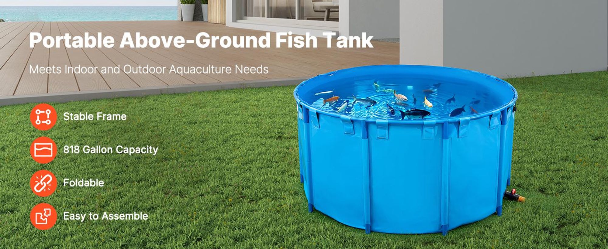 VEVOR Canvas Fischteich, 270 Gallonen oberirdischer Fischteich, PVC Koi-Tank mit klarem Sichtfenster, rechteckiger Goldfischtank mit Edelstahlrahmen und Ablassventil, zur Zucht von Koi, Bewässerung (Schwarz), Rund-820 Gallonen