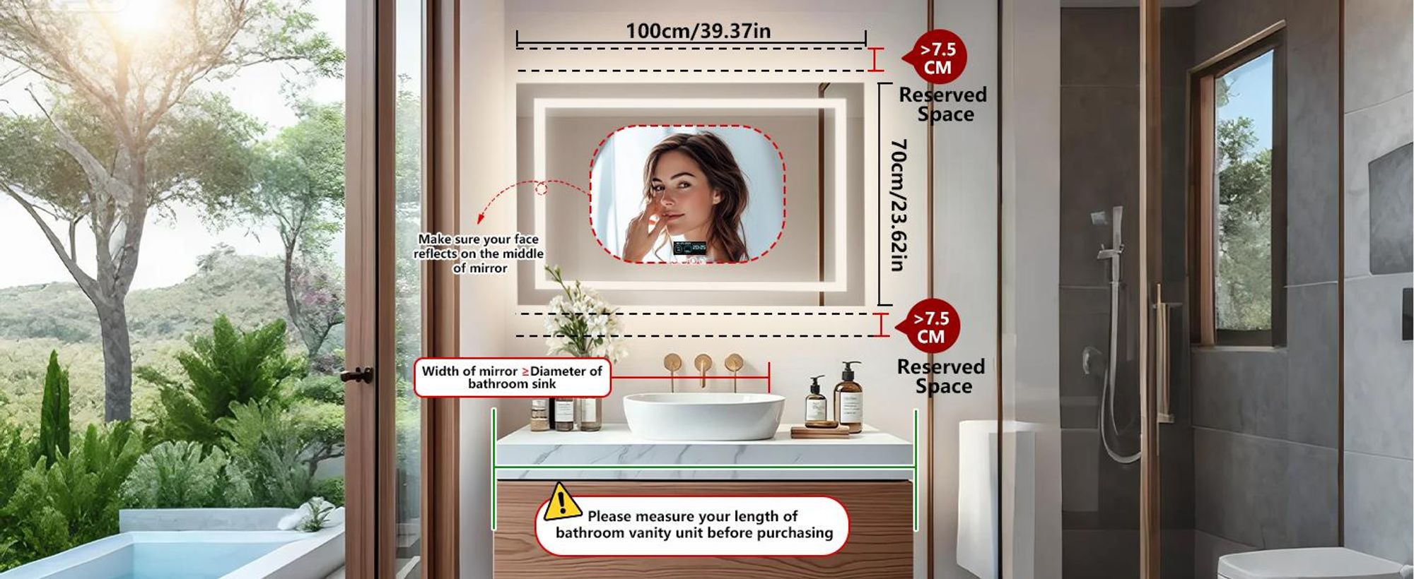 WISFOR LED Badspiegel mit Bluetooth Lautsprecher, 100x70cm Badezimmerspiegel mit Beleuchtung 3 Lichtfarbe, LED Wandspiegel dimmbar beschlagfrei