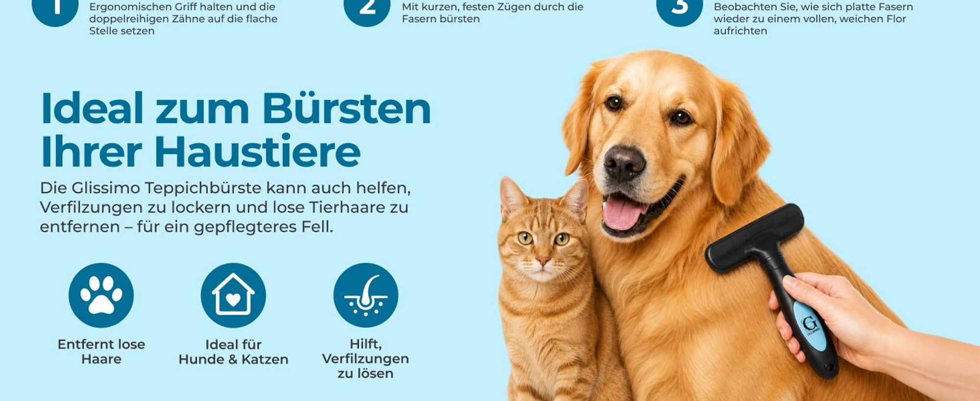 Glissimo Teppichbürste zum Auflockern von Fasern geeignet für Haustiere zur Reparatur von plattgedrücktem Teppich ergonomisches Design