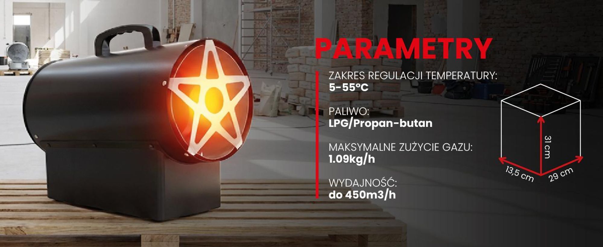 Mocna nagrzewnica gazowa z z termostatem i reduktorem ciśnienia