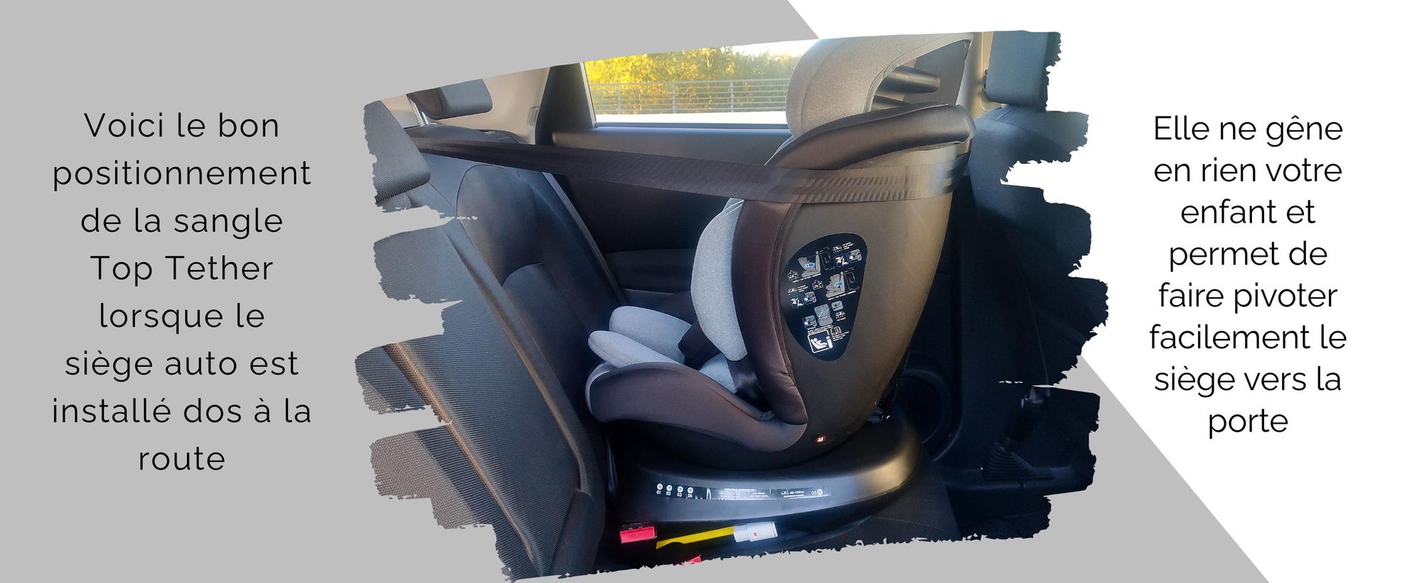 Siège auto KidsZone installé dos à la route avec sangle Top Tether correctement positionnée