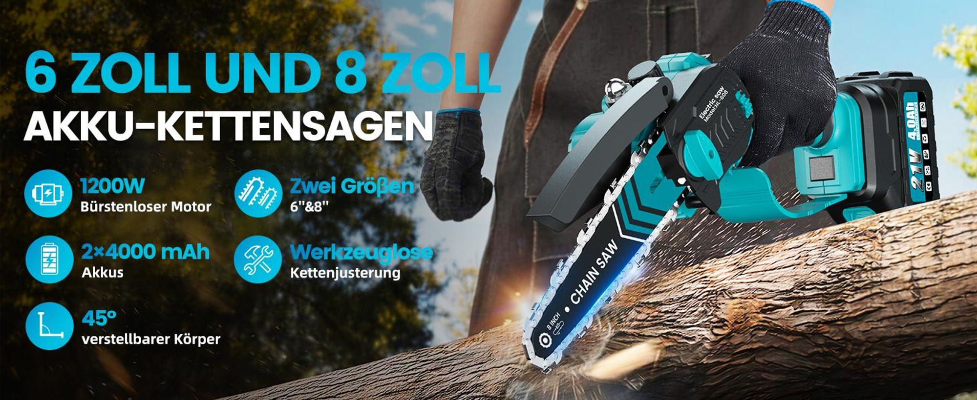 Akku-Kettensäge 6+8 Zoll Bürstenloser Mini Kettensäge mit 2x 4000 mAh Akku, 1200W Einhand HandKettensäge für Gartenscheren Holzschneidenz