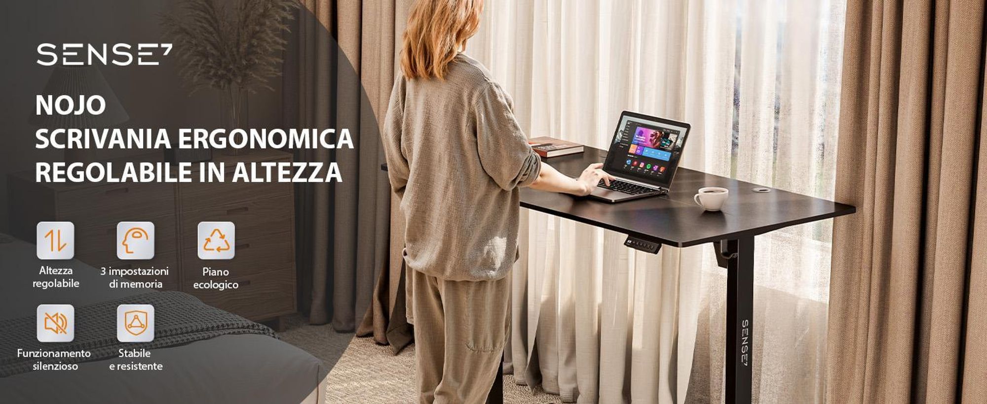 SENSE7 NOJO Tavolo da computer/da gaming, 140x70 cm, regolazione elettrica dell'altezza, funzione memoria, supporto per cuffie, porta-cavi XXL per PC