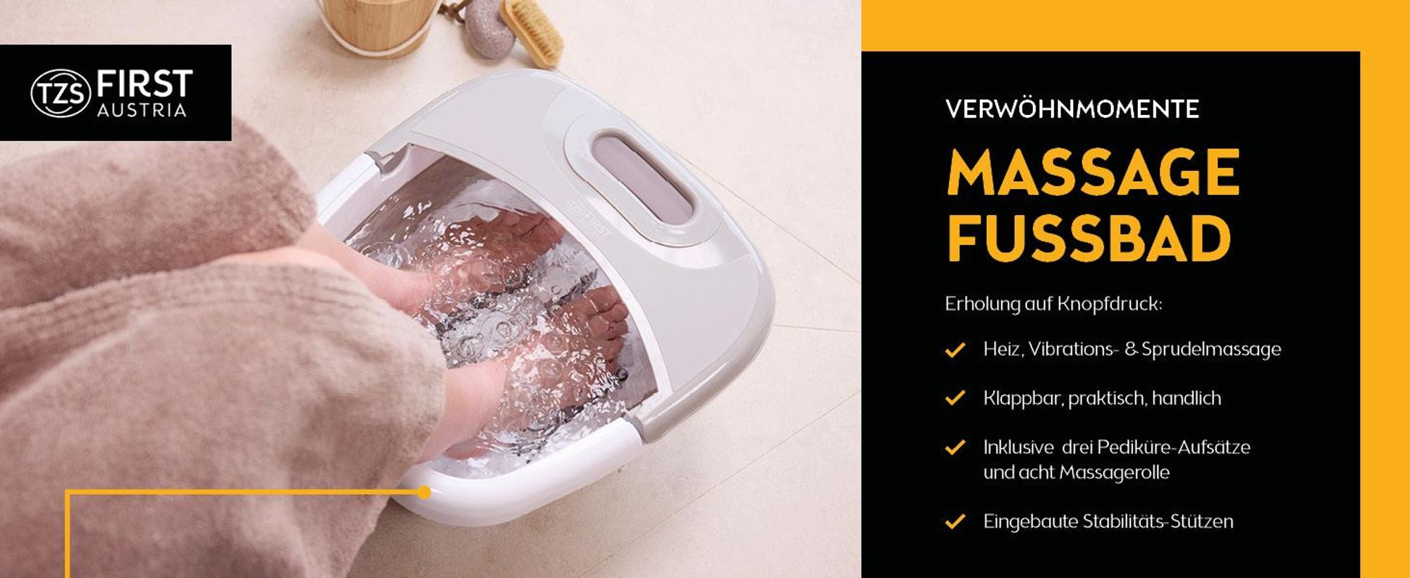 TZS First Austria - Fußsprudelbad 450W - 3 Aufsätzen & 8 Massagerollen - Infrarot- & Heizfunktion - Klappbar