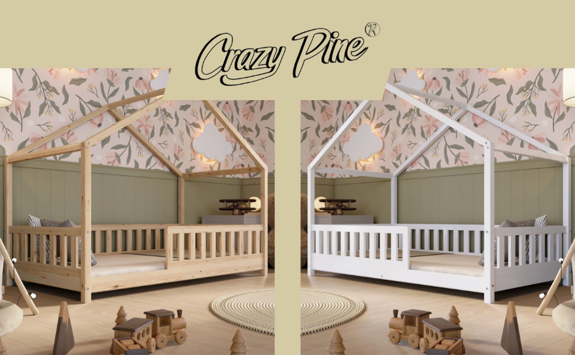 Crazy Pine Hausbett 190x100 cm – Kinderbett aus Naturholz – Bodenbett mit Höhenverstellbaren Beinen und Abnehmbarer Barriere - Crazy House