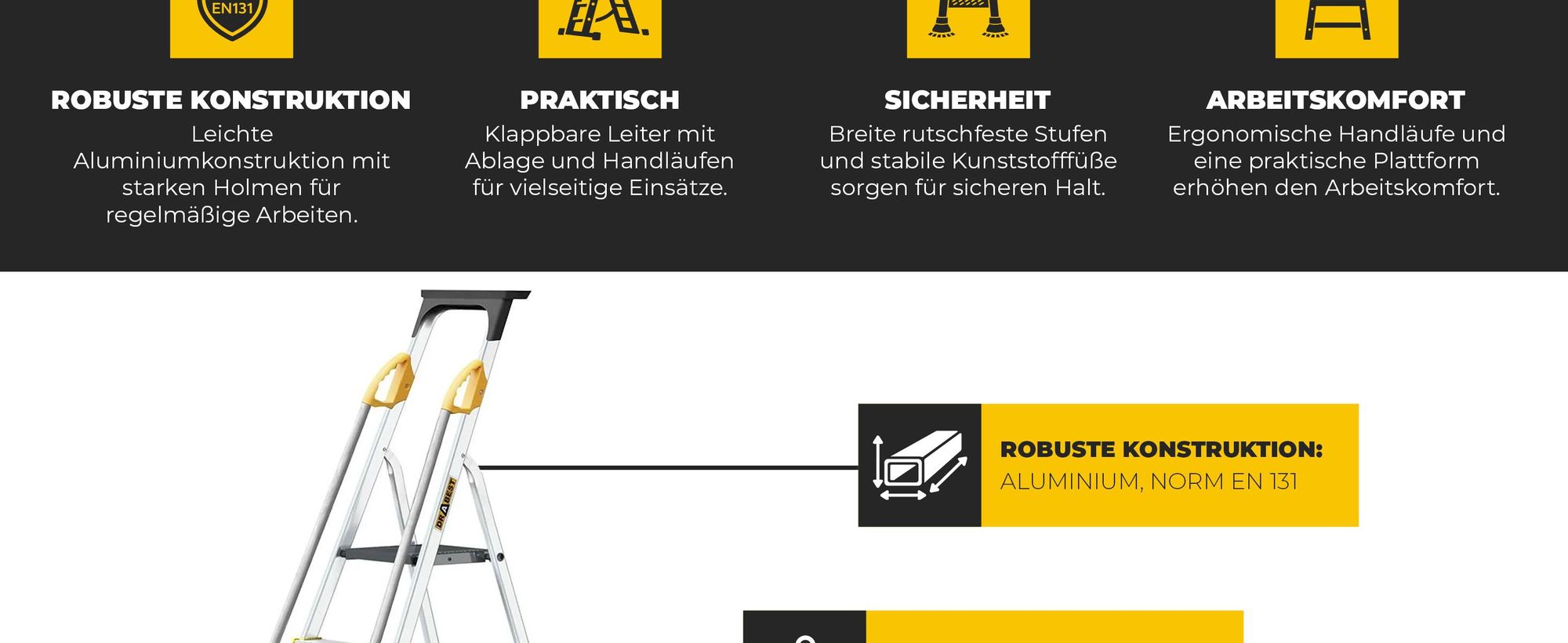 Drabest | Leiter - 8 Stufen, Tragfähigkeit 150kg - Leiter mit Handläufen, Alu Leiter, Anti-Rutsch-Füße, Trittleiter, Klappleiter