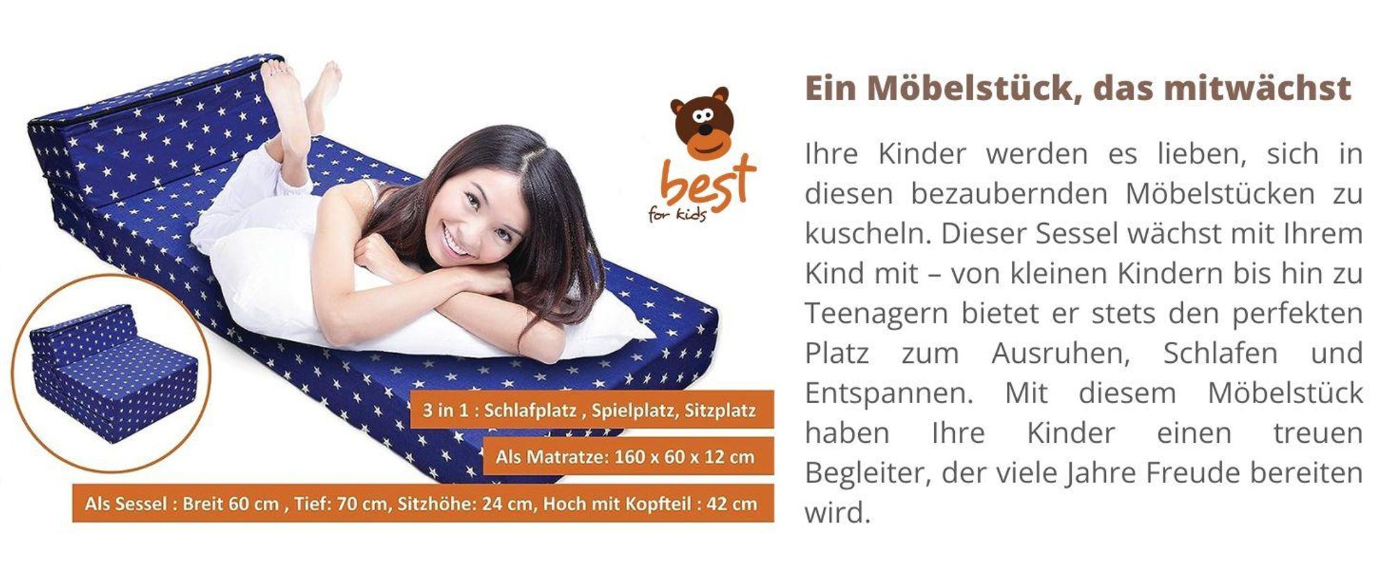 Best For Kids Kindersessel Hellblau Bettsessel Funktionssessel Jugend Kindermatratze zum schlafen und Spielen 3 in 1 60x160