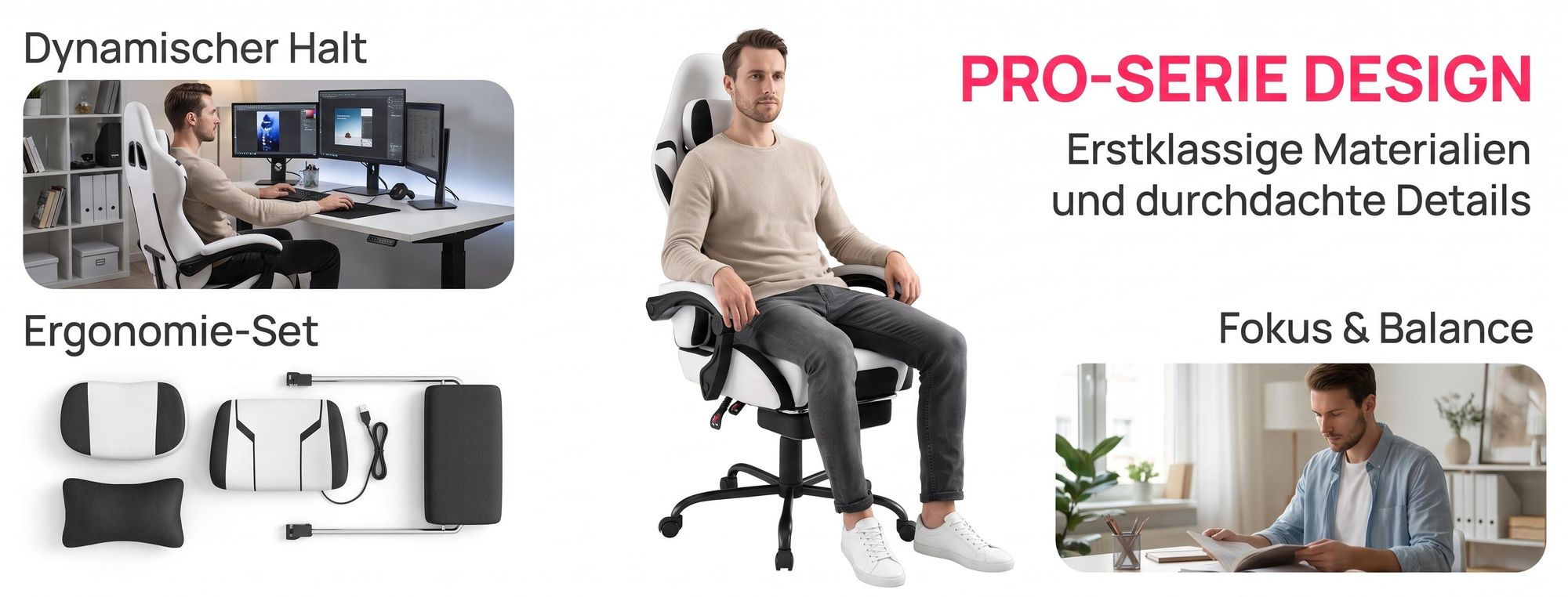 ROSEJANE Ergonomischer Gaming Stuhl mit Massagefunktion & Fußstütze, Verstellbare Rückenlehne 90°-135°, Gaming Sessel mit Kopf- und Lendenkissen, Schwarz Weiß