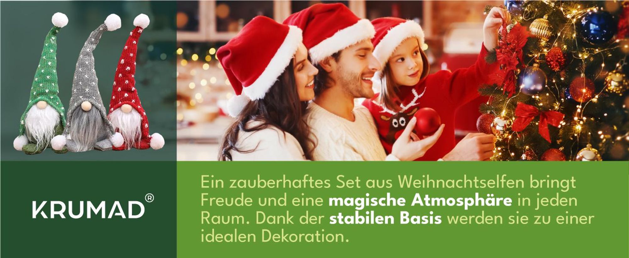 KRUMAD Weihnachtswichtel Set 3 Stück – 27 cm Dekofiguren in Rot, Grün & Grau – Skandinavische Weihnachtsdeko Figuren mit Gewicht – Festliche