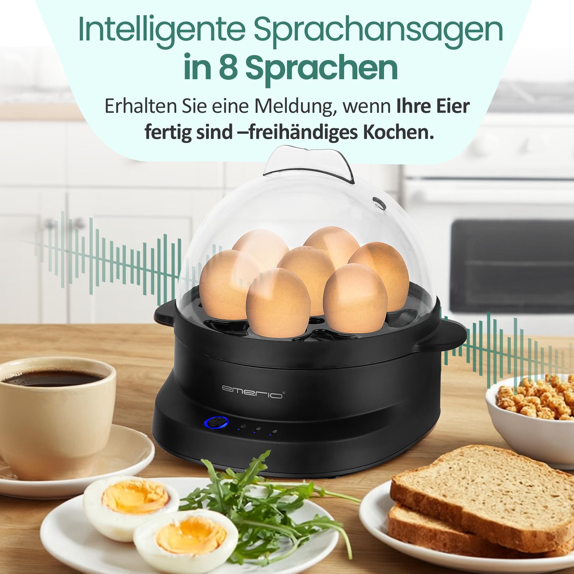 Emerio Elektrischer Eierkocher 350 W – für 7 Eier – Mehrsprachige Sprachfunktion – automatische Abschaltung – EB-131811.1 – Schwarz