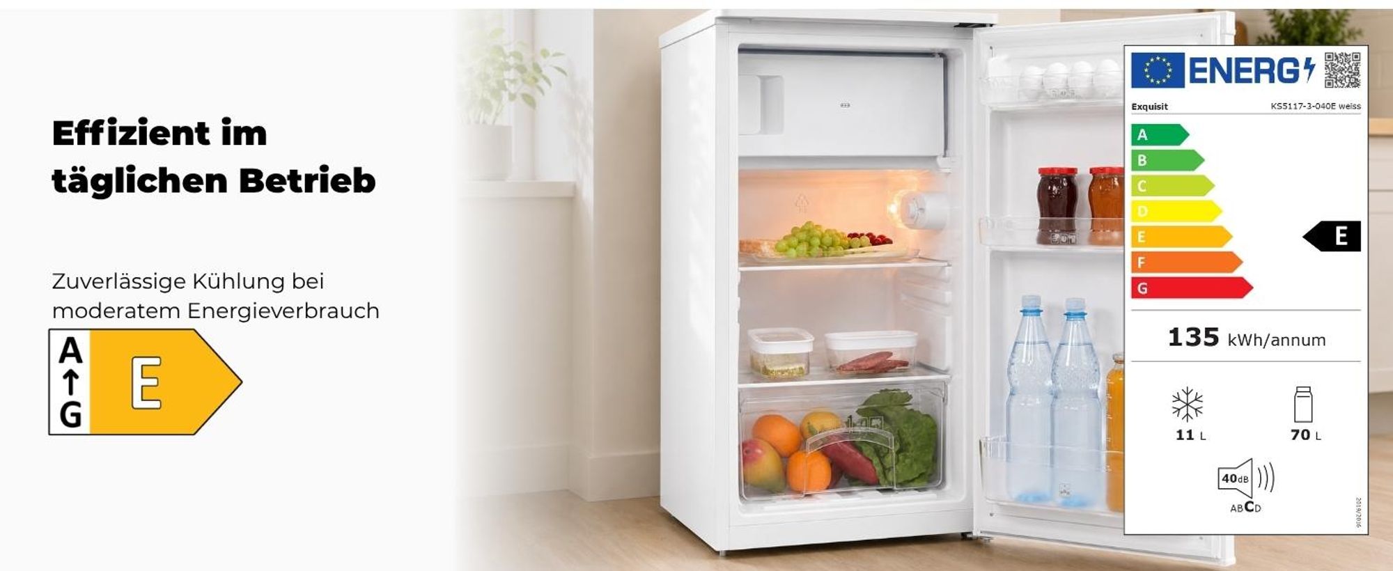 Exquisit Kühlschrank, Kühlschrank mit Gefrierfach, 3-Sterne, 81 Liter, 50 cm Breite, Türanschlag wechselbar, Temperaturregelung, KS5117-3-040E weiss