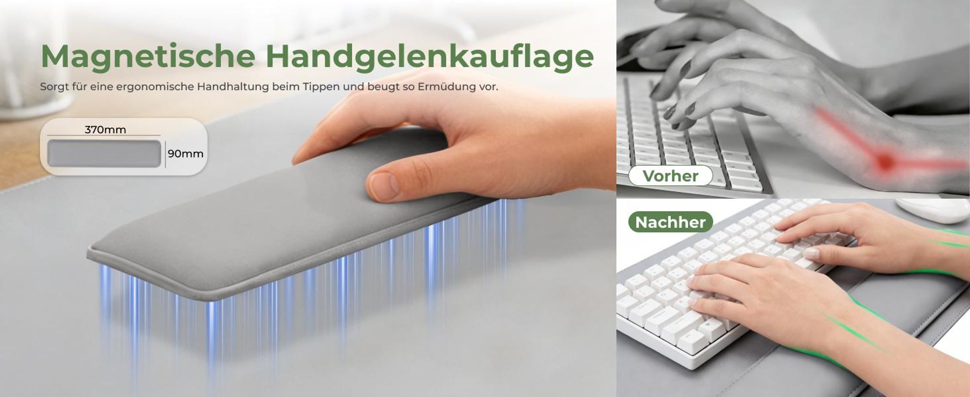 Tappetino per scrivania HOKO, dimensioni 80x30 cm, con poggiapolsi magnetico – resistente all'acqua e antiscivolo, ideale per ufficio, smart working e studio, colore grigio, modello LEO