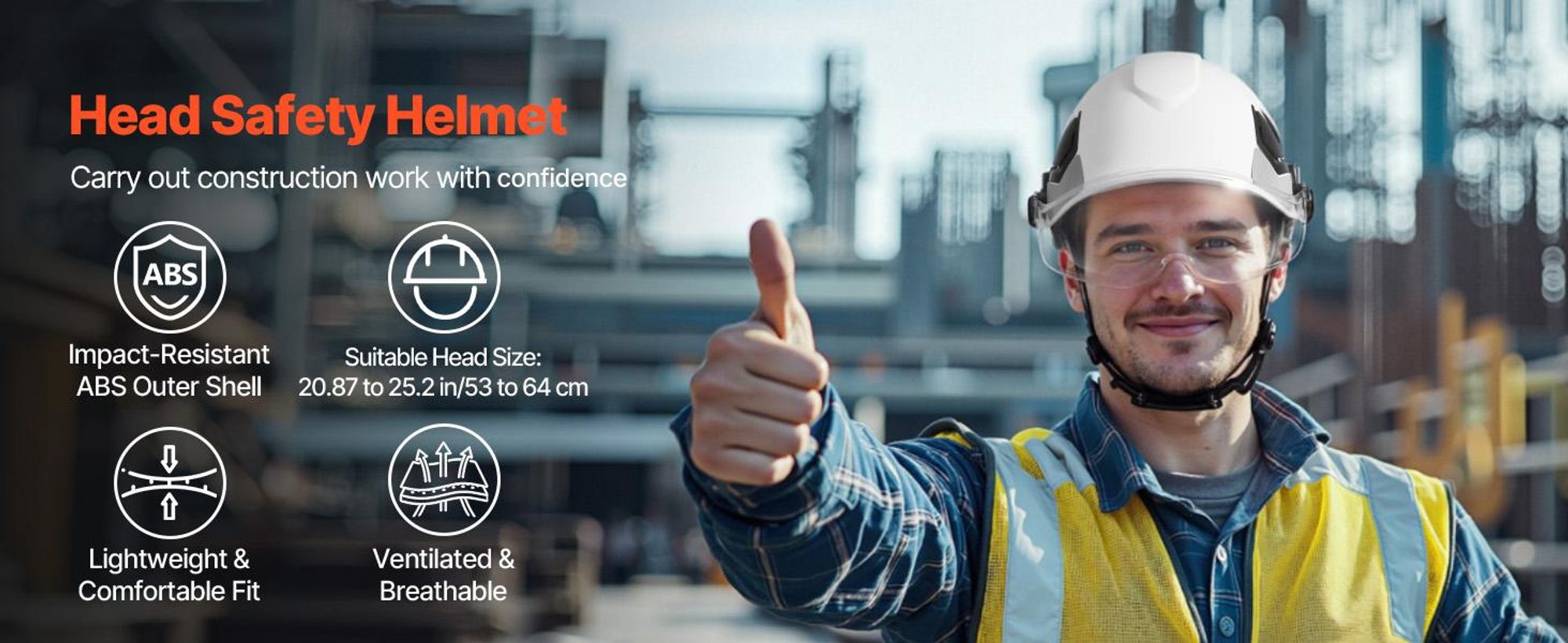 VEVOR Industrieschutzhelm, ANSI/ISEA Z89.1 genehmigter ABS-Harthelm mit Visier und Ohrenschützern, 6-Punkt-Ratschenaufhängung, verstellbarer belüfteter Harthelm für Männer und Frauen, für Outdoor-Bauarbeitskleidung, Mit Brille-a, Ohne Ohrstöpsel