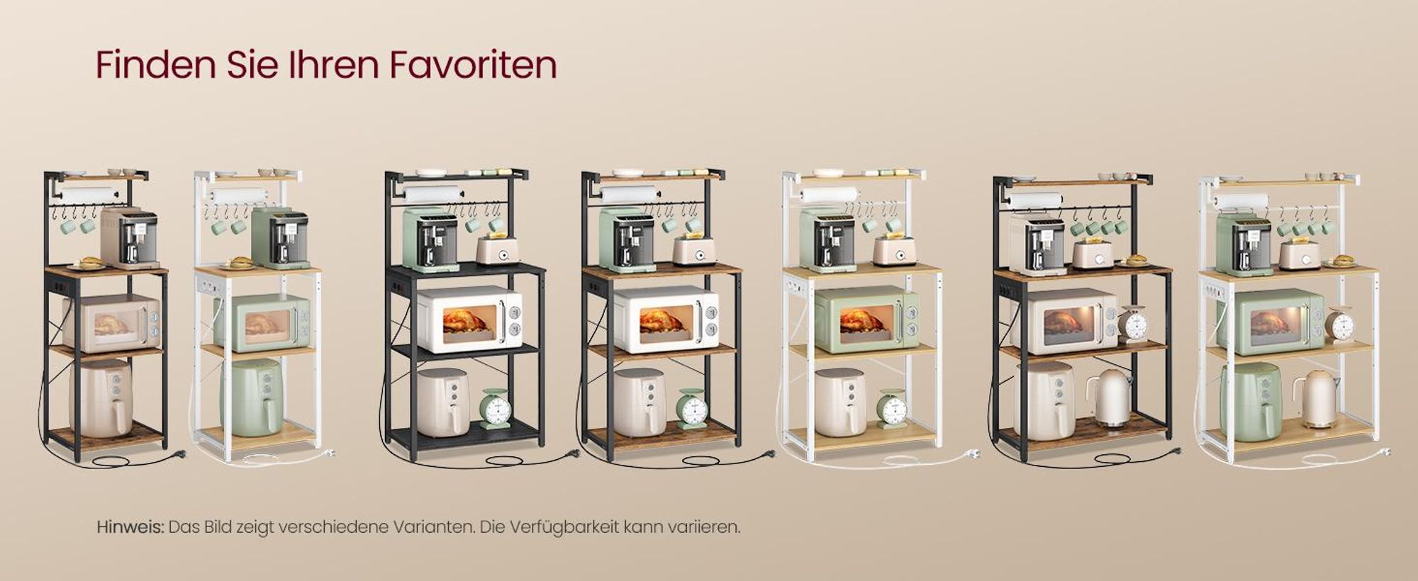 VASAGLE Standregal mit 4 Ebenen, Küchenregal mit Ladestation, 8 Haken, 40 x 80 x 140 cm, braun-schwarz