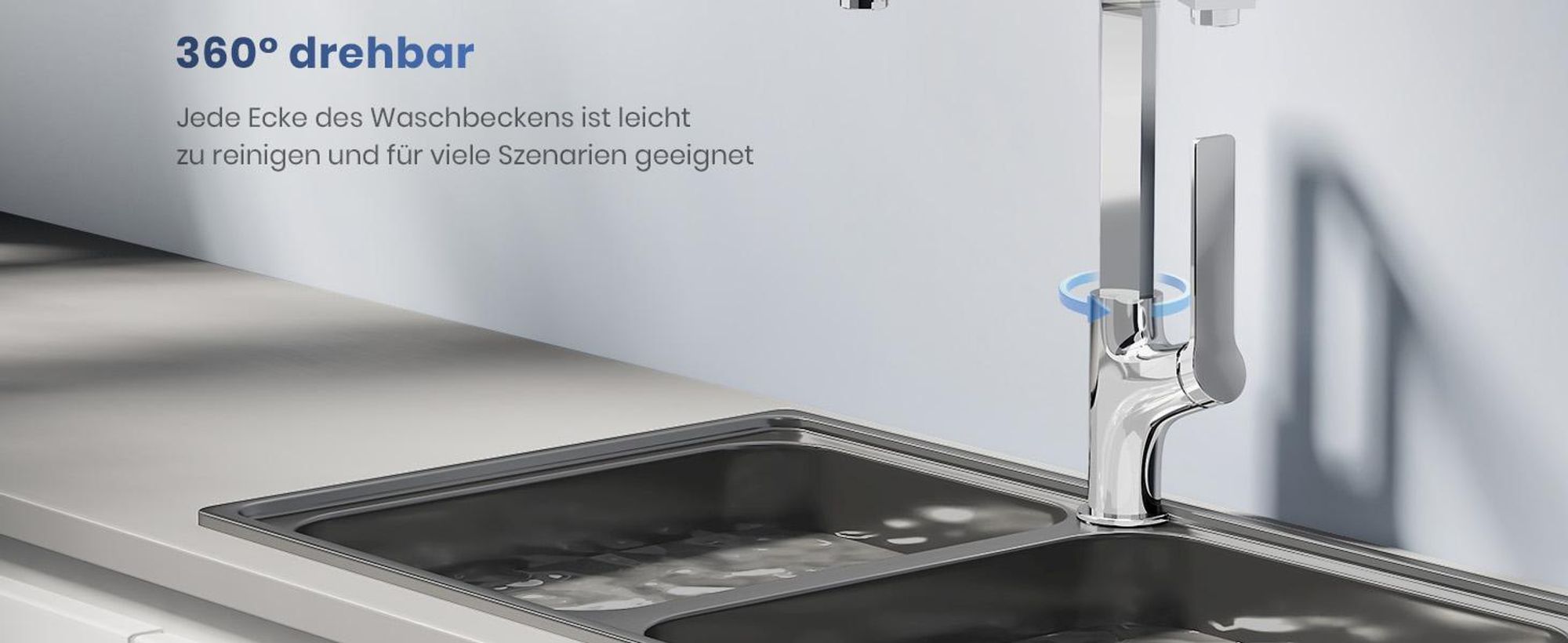 EMKE Küchenarmatur Spültischarmatur Einhebelmischer Spüle 360° schwenkbar Wasserhahn Küche mit flachem Auslauf, Messing Chrom