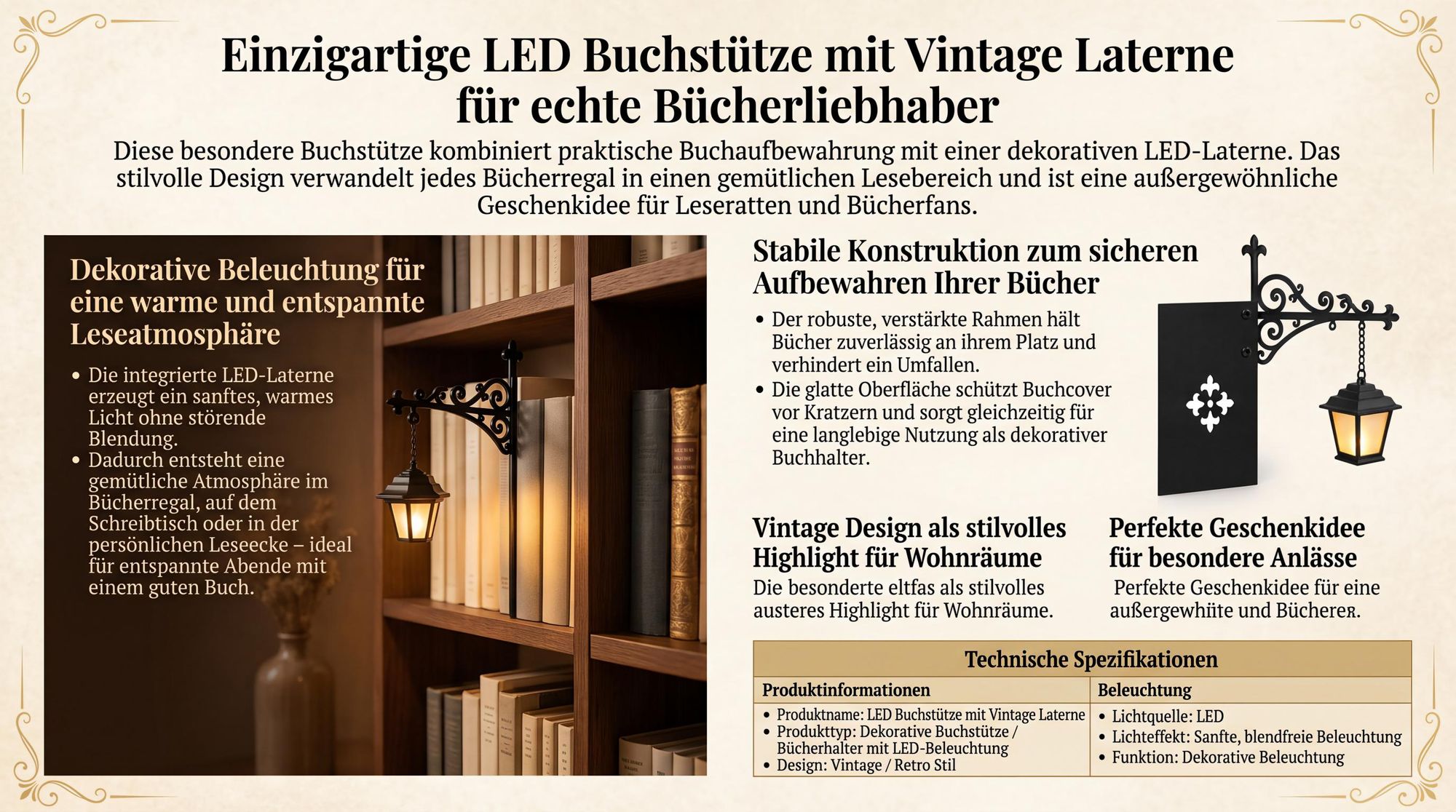 LED Buchstütze mit Vintage Laterne, dekorative Buchstützen für Bücherregal mit warmweißem Licht, Retro Leselampe Geschenk für Bücherliebhaber