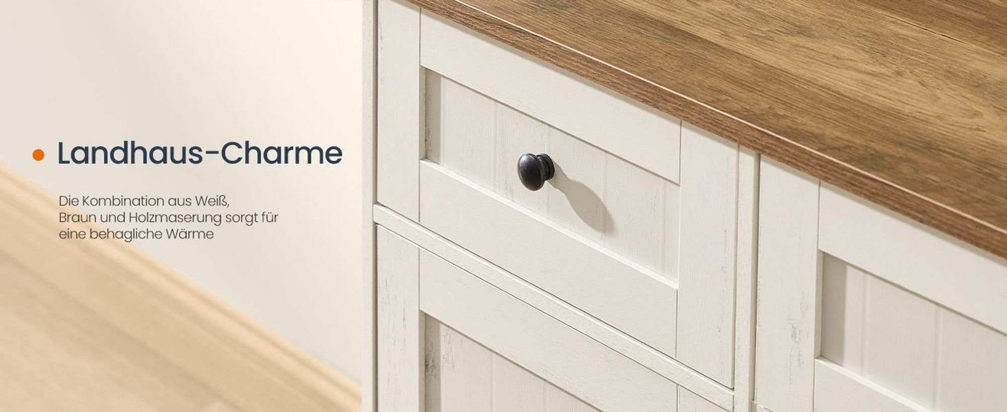 Sideboard, Toolless-Technologie, superschnelle werkzeuglose Montage, Küchenschrank mit Arbeitsplatte, weiß-braun