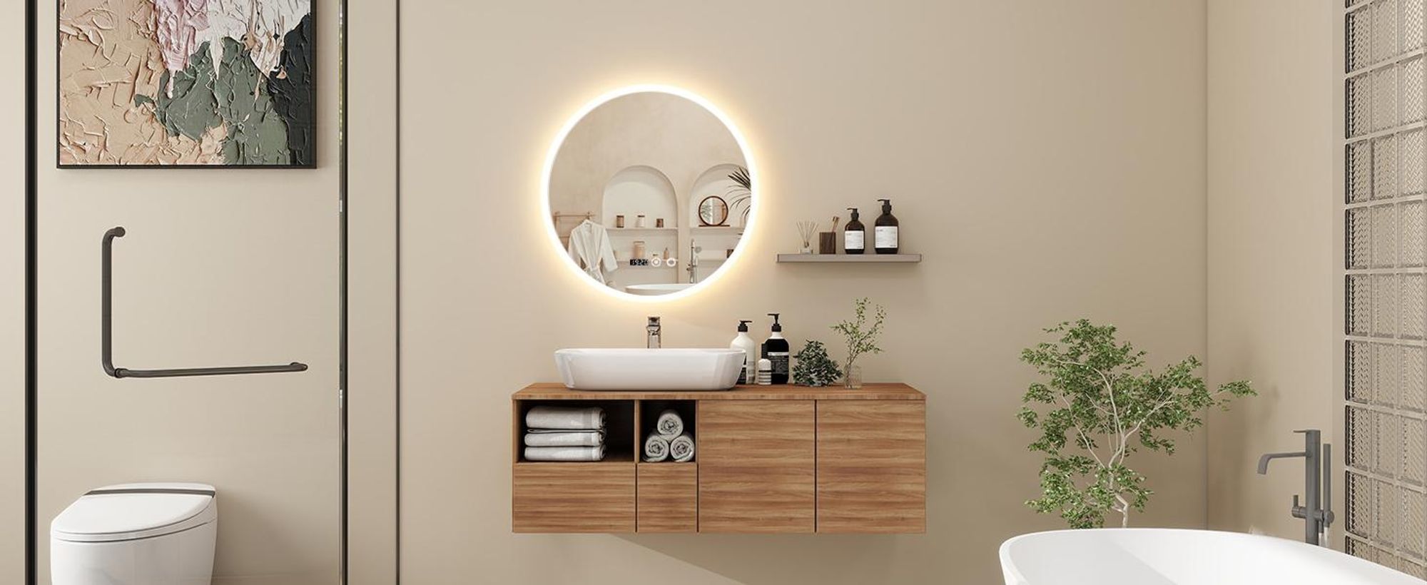 Puluomis Badspiegel beschlagfrei 50cm mit Uhr Temperatur, 3 Farbe dimmbare Helligkeit LED Beleuchtung,Badezimmerspiegel 6500k spritzwassergeschützt