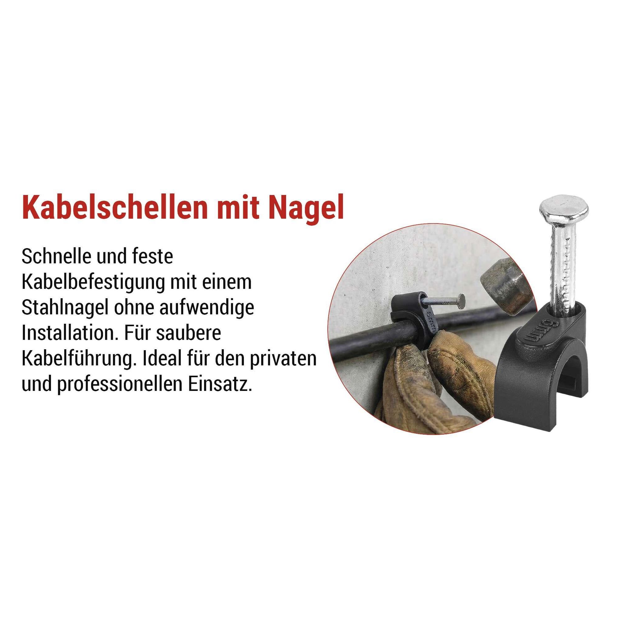 EMOS 50 Stück Kabelschellen mit Nagel, für Ø 6 mm, bruchfester PE-Kabelhalter mit Stahlnagel für Außen, rostfrei, -40–80°C, UV-Schutz, schwarz, A2821