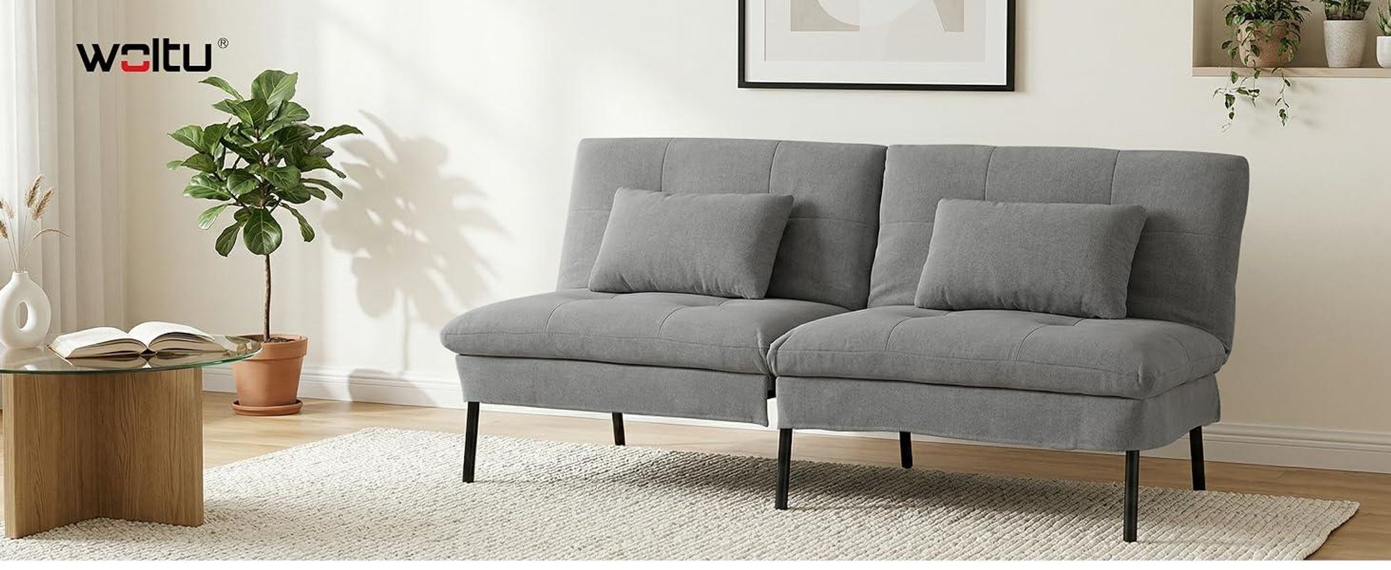 WOLTU 2-Sitzer-Schlafsofa mit 2 Kissen, Verstellbarer Rückenlehne, mit rutschfesten Füßen, Dunkelgrau