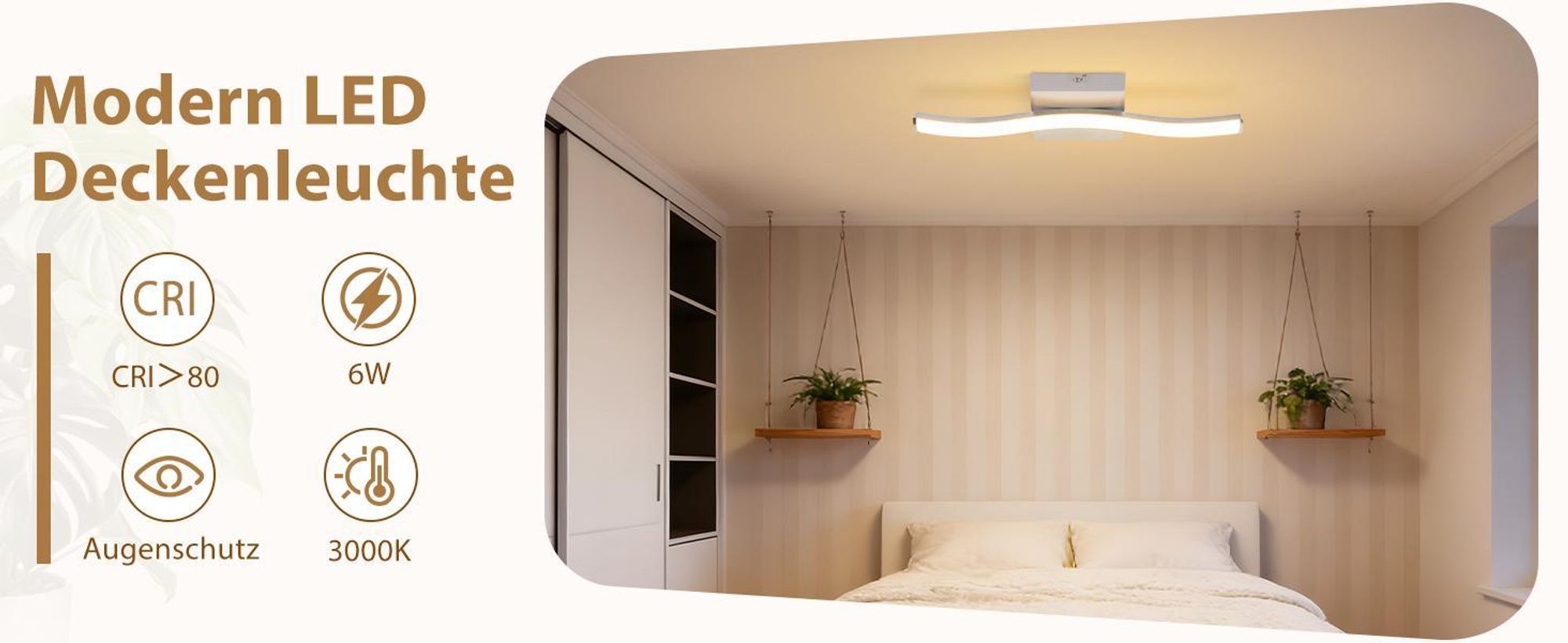 ZMH Plafonnier LED 6 W, motif vagues, lampe de chambre à coucher, 3000 K, blanc chaud, éclairage de plafond pour cuisine, salon, chambre à coucher, Siber