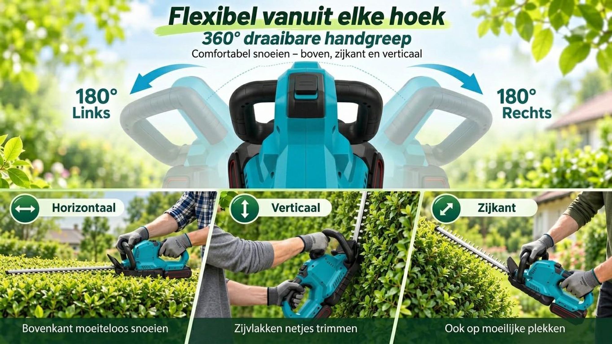 AJIEQAQ Accu-heggenschaar 21V met Brushless Motor, 1500W, 52 cm Mes, 2×4,0Ah Accu's, 360° Draaibare Handgreep, tot 26 mm Snijcapaciteit
