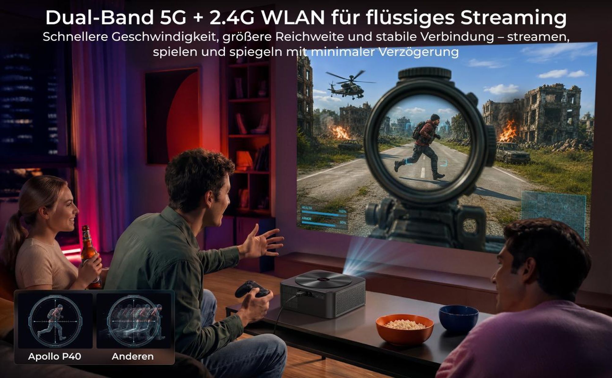 Ultimea Apollo-P40 Beamer 4K unterstützter, Aktualisierte Version mit Hindernisvermeidung 700 ANSI, intelligenter Bildschirmausrichtung,