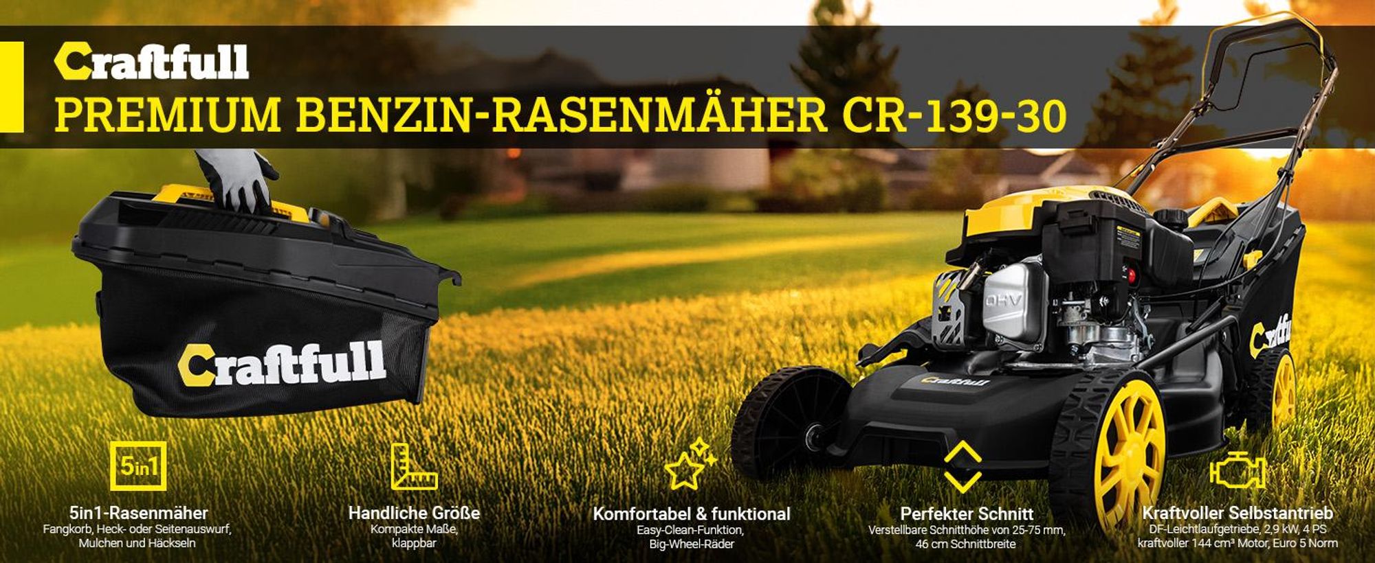 Craftfull Benzinrasenmäher CR-139-30 | Selbstfahrantrieb - Benzin Rasenmäher - Mäher - 46 cm Schnittbreite in 7 Höhenstufen - 2,9 kW 4 PS | 144 cm³