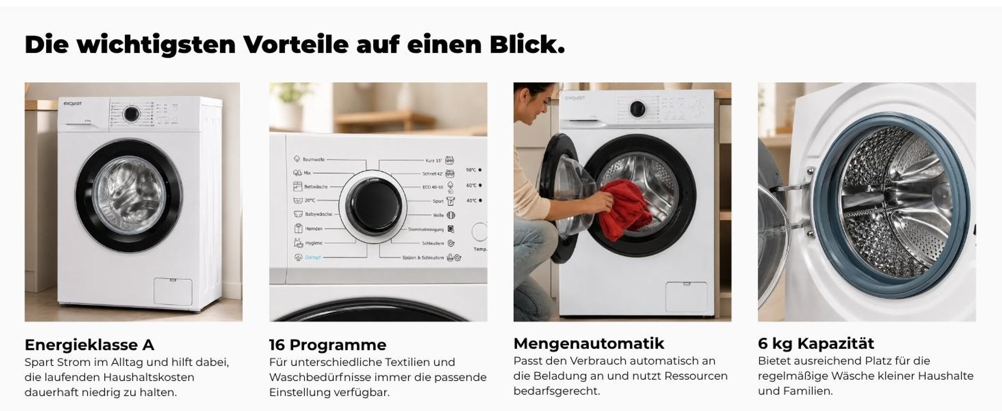 Exquisit Waschmaschine 6kg, Energieeffizienzklasse A, max. 1000 U/min, ECO 40-60, Kurzprogramm, Kindersicherung, WA56110-020A weiss