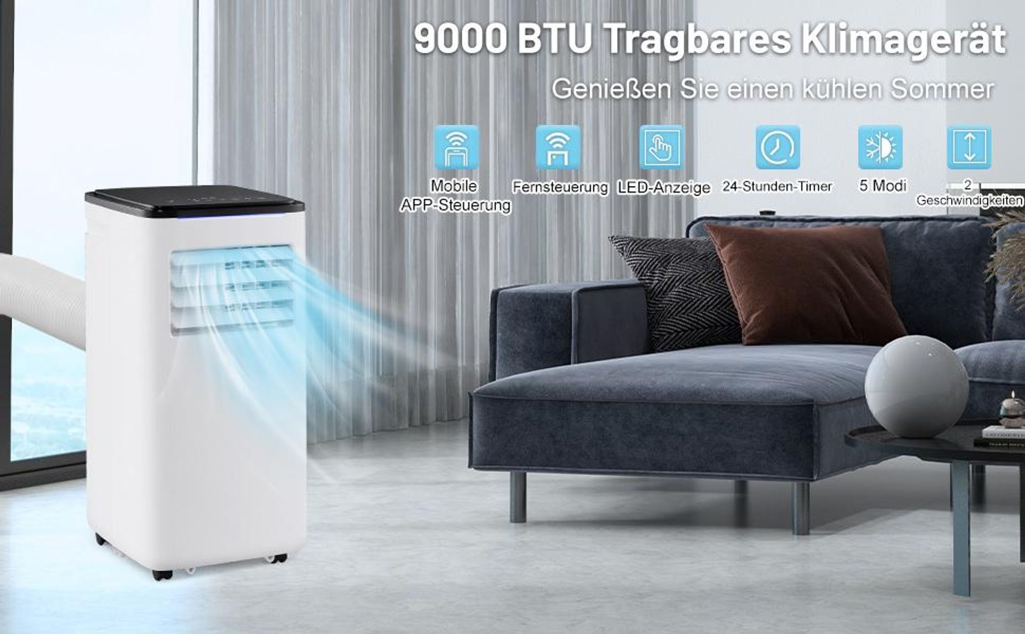 COSTWAY 9000 BTU mobile Klimaanlage, 4 in 1 Klimagerät inkl. Kühlen, Ventilator, Heizen & Entfeuchter mit Abluftschlauch, Schlafmodus, Fernbedienung